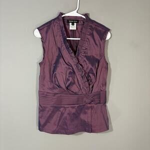 Tadashi Shoji Blouse Womens 10 Purple Sleeveless V Neck Pleated Ruffle Satin Top